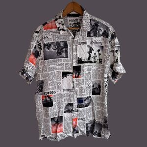 No Boundaries Newspaper Print Short Sleeve Button Down Shirt